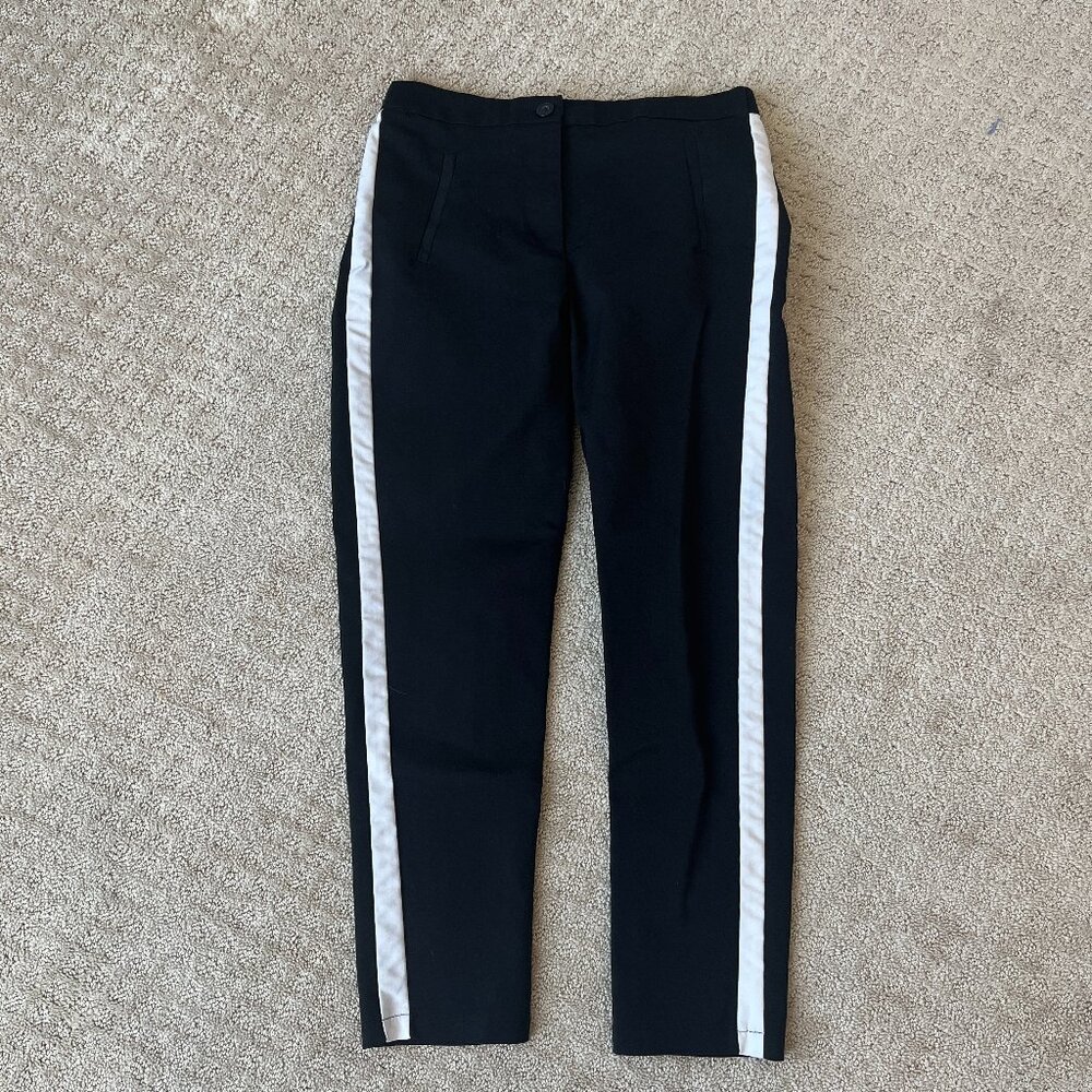 Adika Black Tapered Slacks White Stripe Pockets Zip Button Elastic Waist Medium